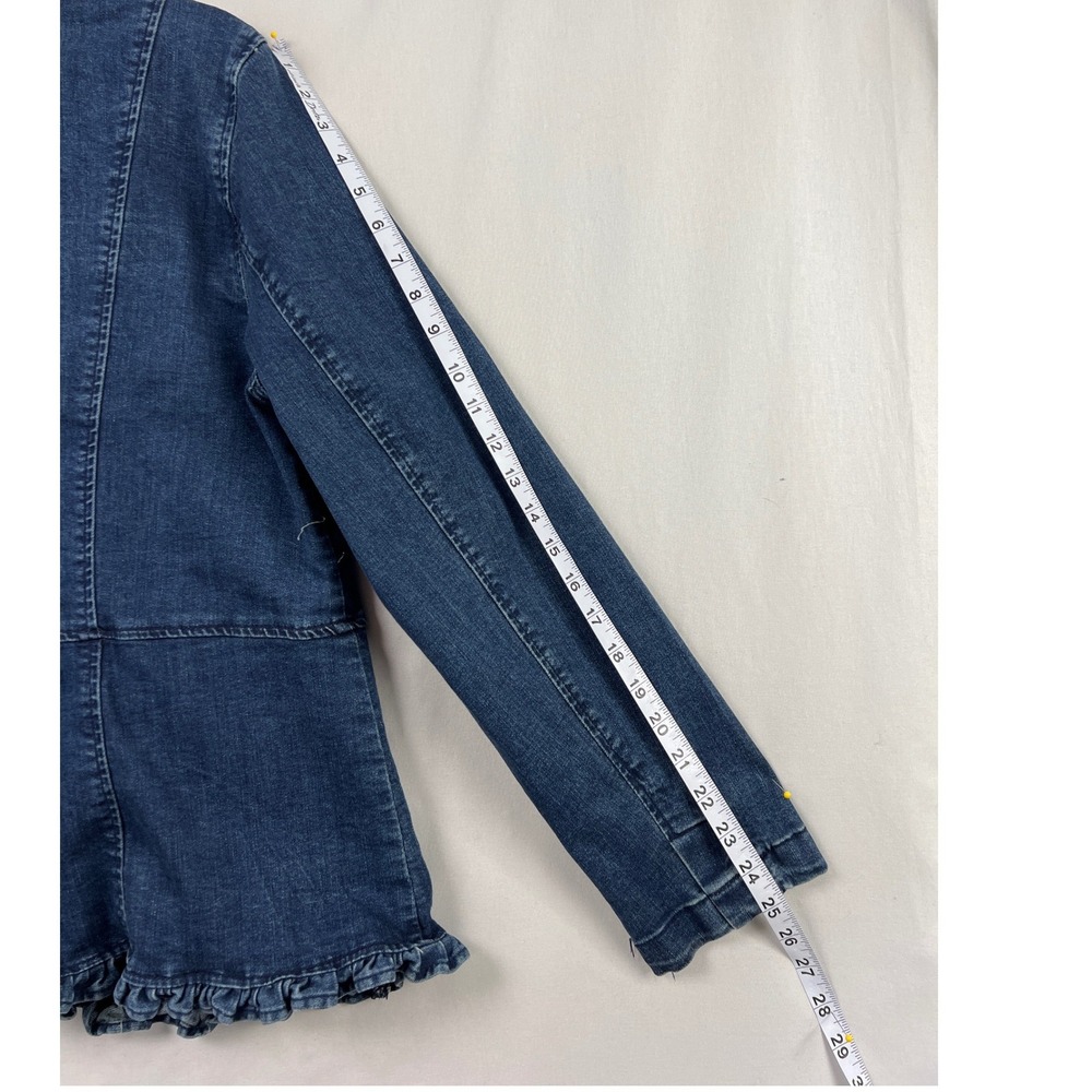 Peck & Peck Denim Jacket Womens Large Blue Ruffle Military Gold Button Stretch - Picture 7 of 9